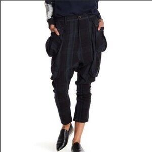 Drifter Trouser Pant Green Black Tartan Plaid Cropped Cargo Lagenlook Drop Crotc